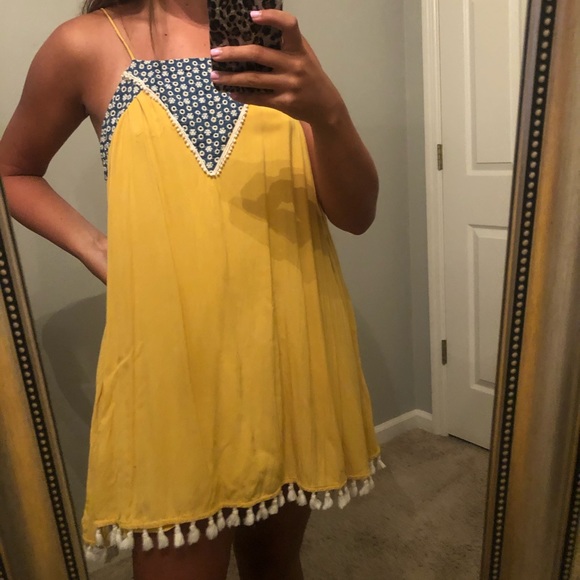 yellow/blue mini dress with tassel bottom - Picture 2 of 4